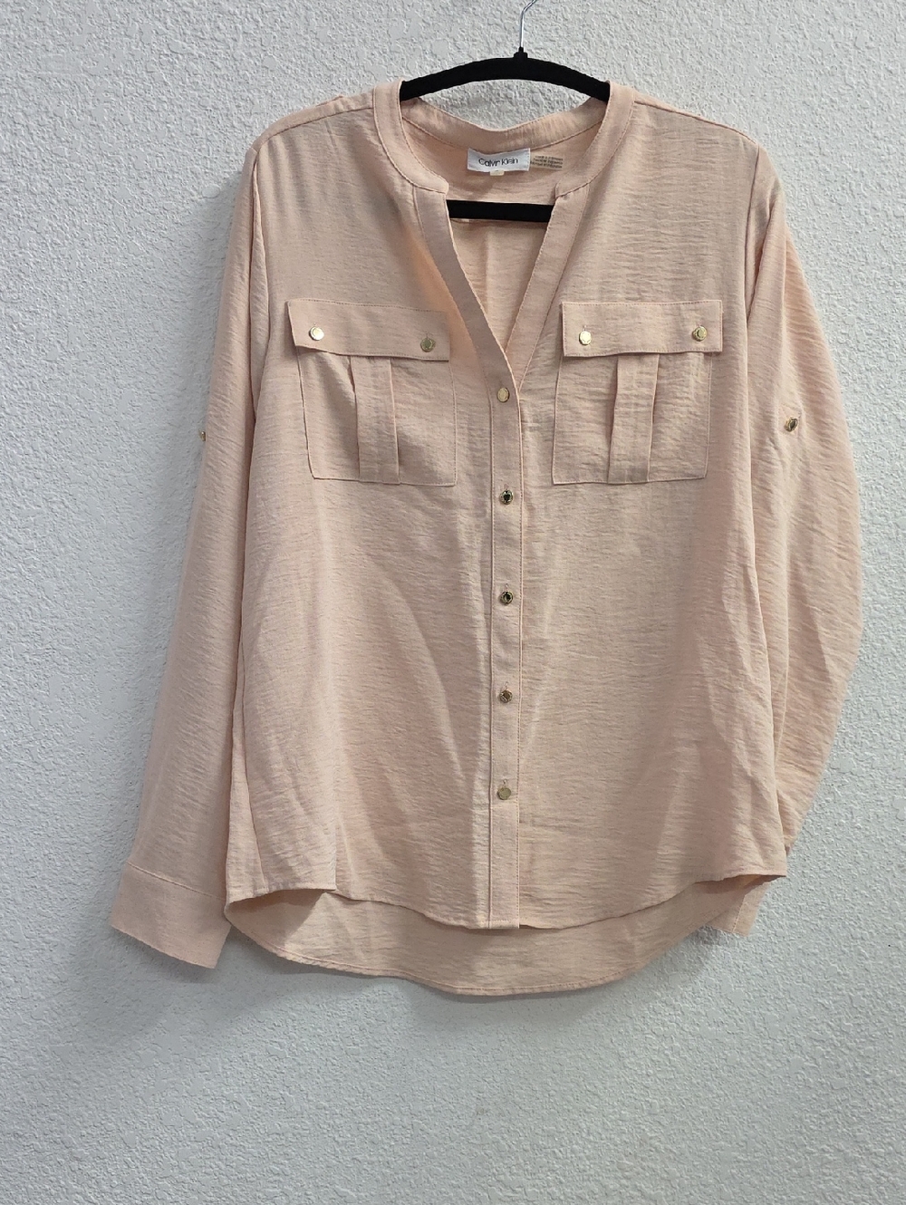 Calvin Klein Pink Button Down Gold Buttons Convertible Sleeves Size Medium - Picture 3 of 10
